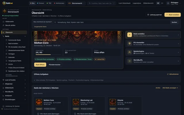Gildenleitung in GuildLoot mit Raidverwaltung, Login-Codes, Discord und P0