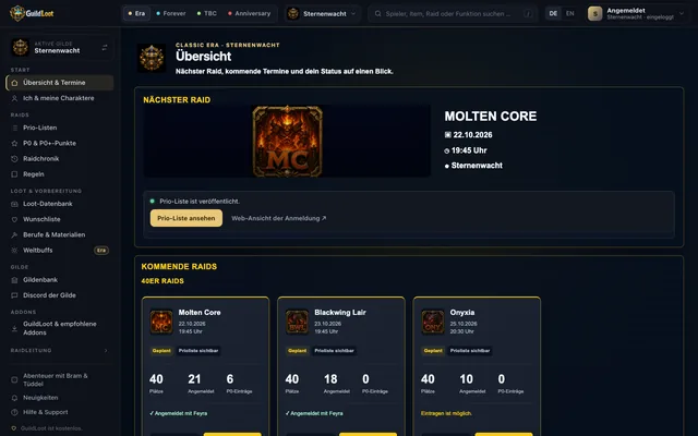 Startseite einer Gilde in GuildLoot mit kommenden Raids, Priofenster und Spielerbereich