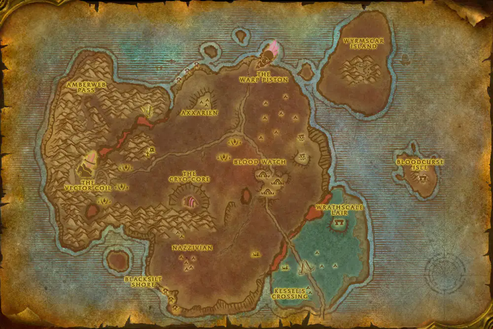 Zone map Bloodmyst Isle: Honor the Flame – markers: Accept, Turn in