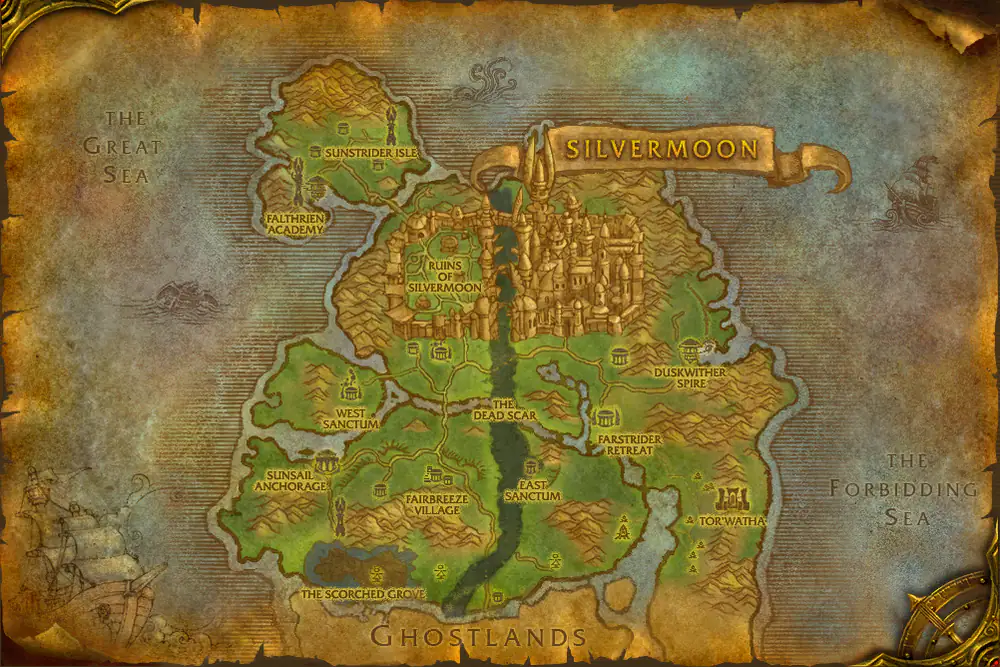 Zone map Eversong Woods: Aggression – markers: Accept, Complete, Turn in