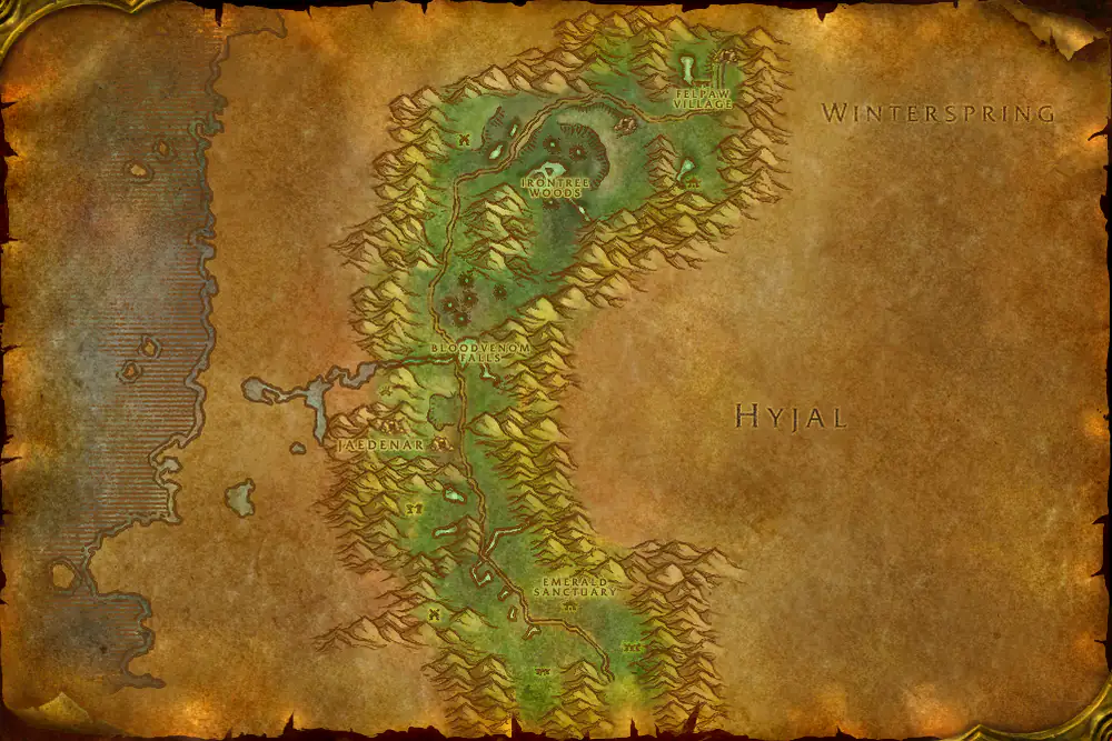 Zone map Felwood: Nightwind the Elder – markers: Accept, Turn in