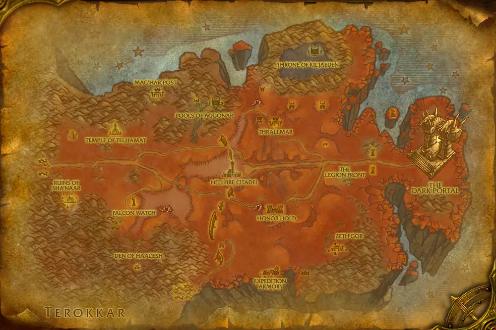 Zone map Hellfire Peninsula: Hellfire Fortifications – markers: Accept, Complete, Turn in
