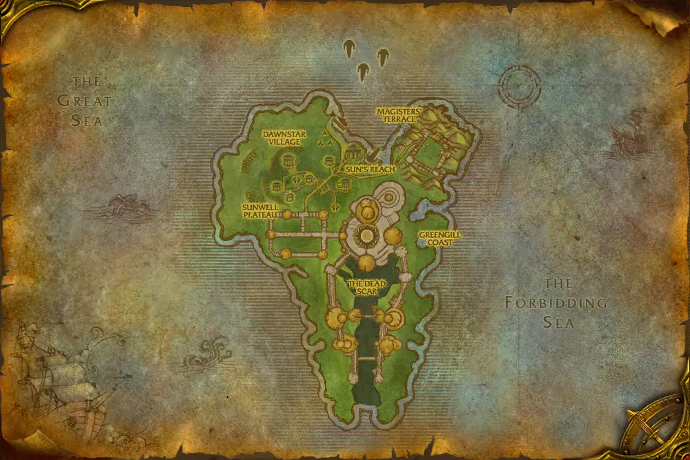 Zone map Isle of Quel'Danas: Ata'mal Armaments – markers: Accept, Turn in
