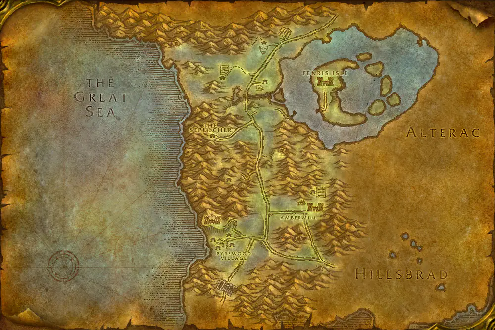 Zone map Silverpine Forest: The Dead Fields – markers: Accept, Turn in