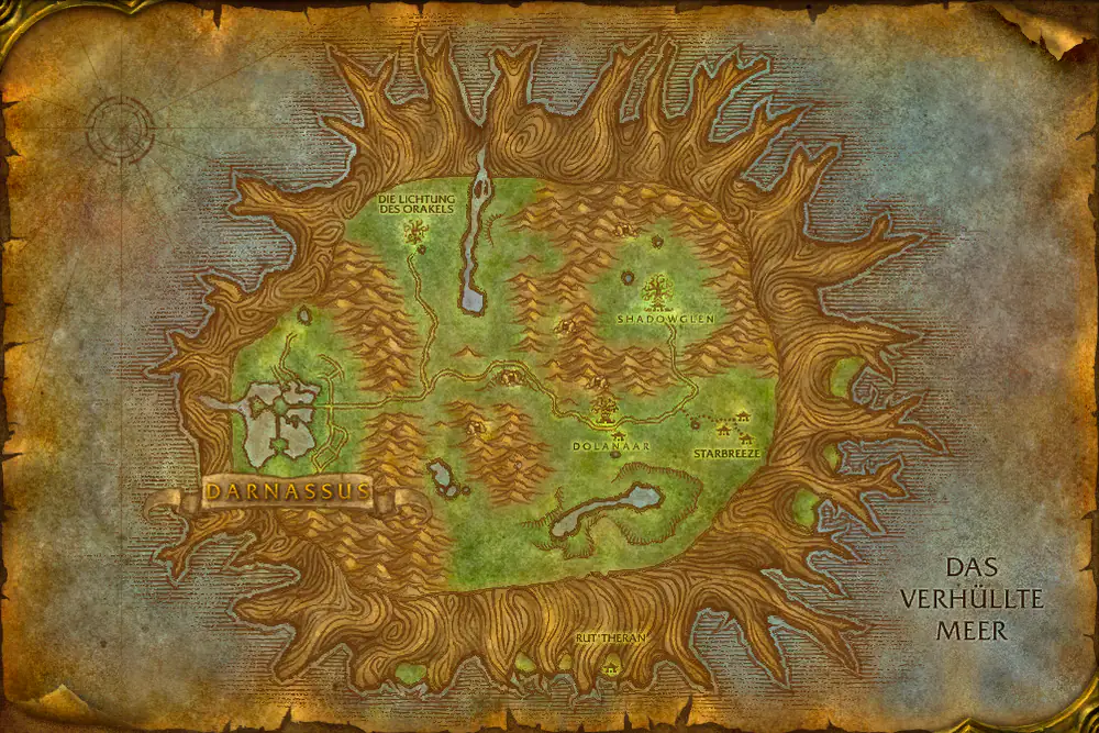 Gebietskarte Teldrassil: Grimmeiche – Markierungen: Annehmen, Erledigen, Abgeben