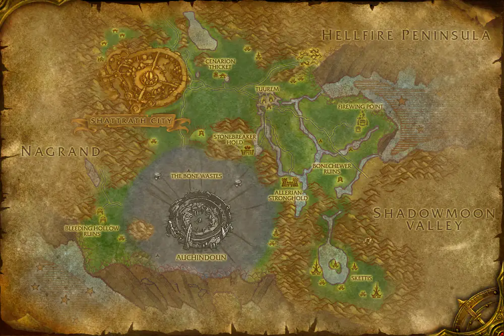 Zone map Terokkar Forest: Missing Friends – markers: Accept, Complete, Turn in