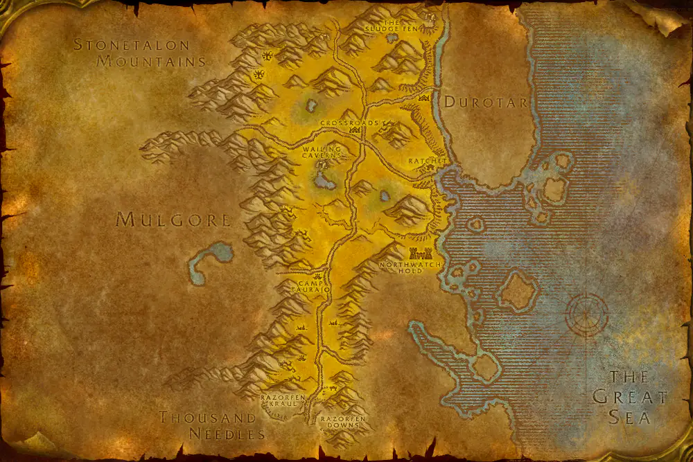 Zone map The Barrens: High Mountain the Elder – markers: Accept, Turn in