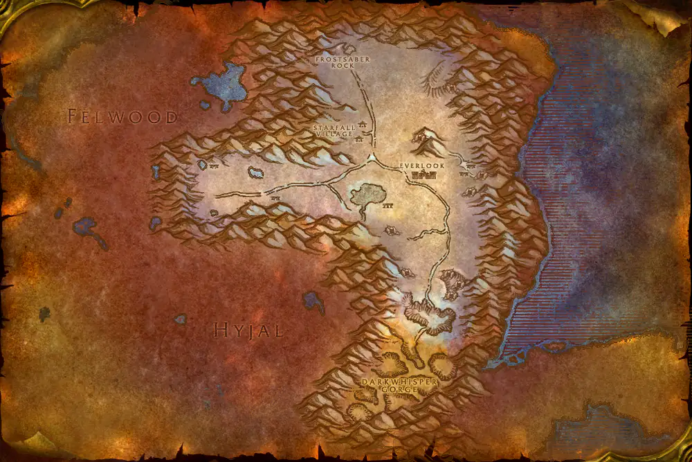 Zone map Winterspring: Winterfall E'ko – markers: Accept, Complete, Turn in